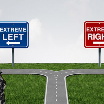 A road comes to a T-intersection with signs 'Extreme left' and 'Extreme right - with both roads then going off a cliffthen